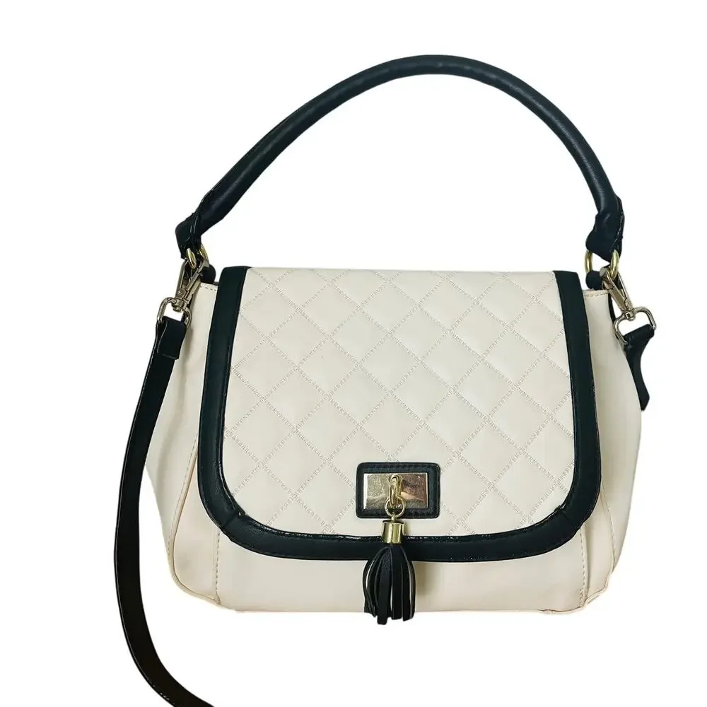 Liz Claiborne Quilted Bag Cream Black Tassel Gold Accent